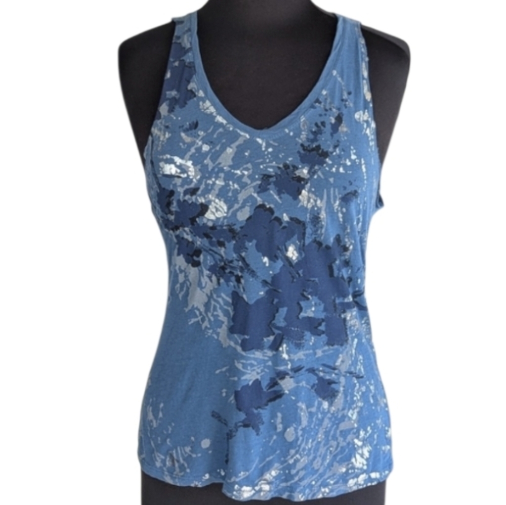 Vintage Y2K Tahari M? Blue Splatter Print Women's Tank Top Distressed Custom Cut